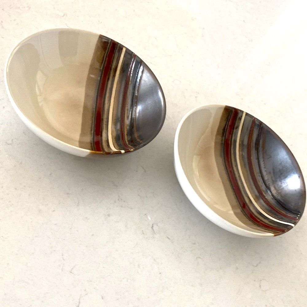 Better Homes & Gardens Stoneware Bowls Set of 2 Striped Brown Red Cream Earthy